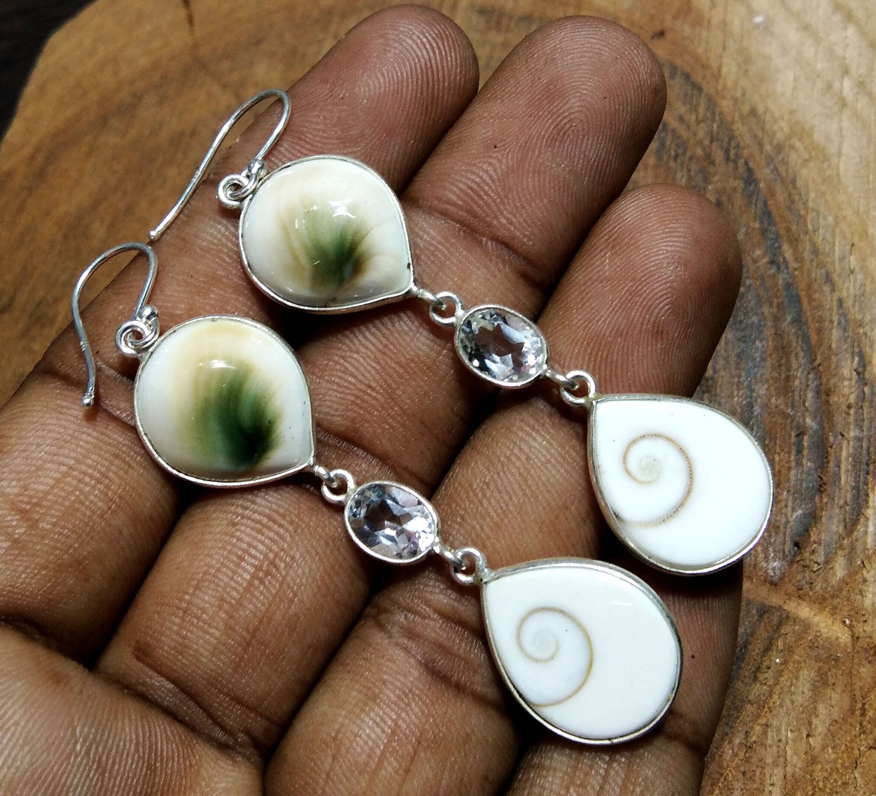 Natural Shiva Eye Shell Stone Earring, 925 Solid Starling Silver Earring, Beautiful Shiva Eye Shell/Topaz Stone Size 17x14 mm Gift Earring